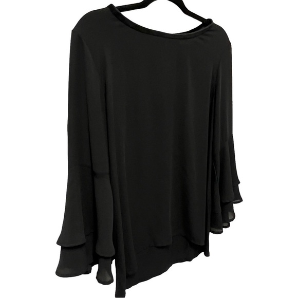 LOFT Women’s Black Tiered Bell Sleeve Blouse, Soft Textured Collar, Size Medium - Picture 1 of 14